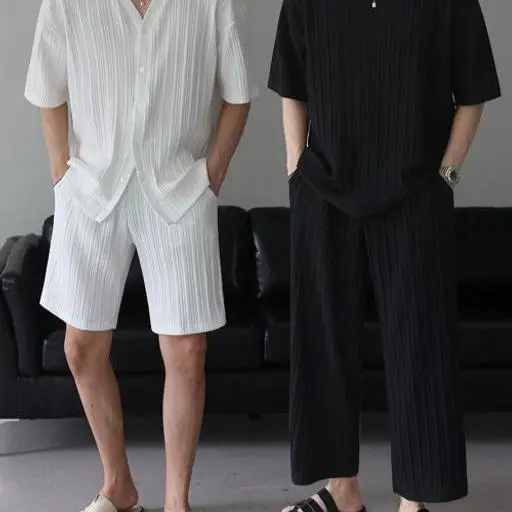 [SET]여름 플리츠 셋업 반팔 긴팔 가디건 반바지 조거 와이드 팬츠 세트(2color)