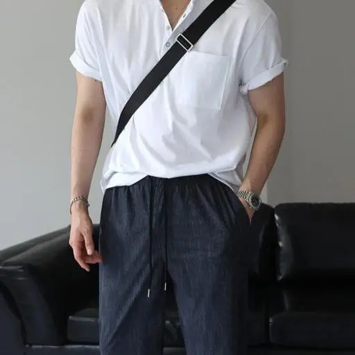 워싱 코튼 헨리넥 오버핏 반팔(4color)