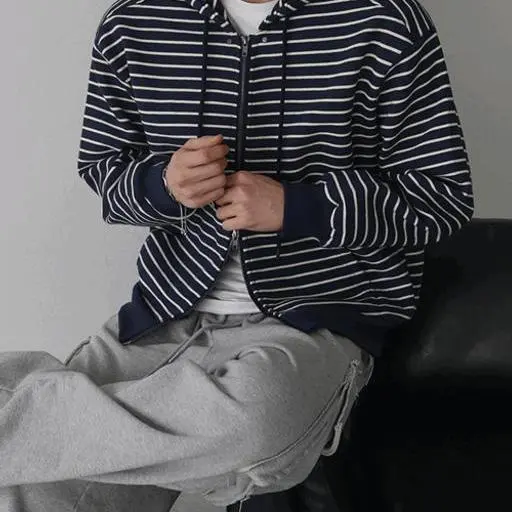 스트라이프 이중지 오버핏 후드집업(2color)