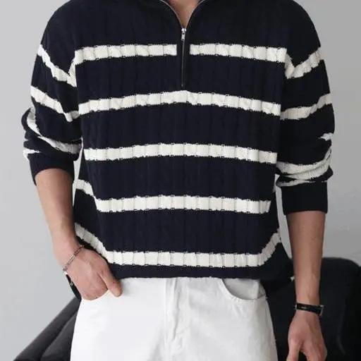 스트라이프 하프넥 케이블 반집업 니트(3color)