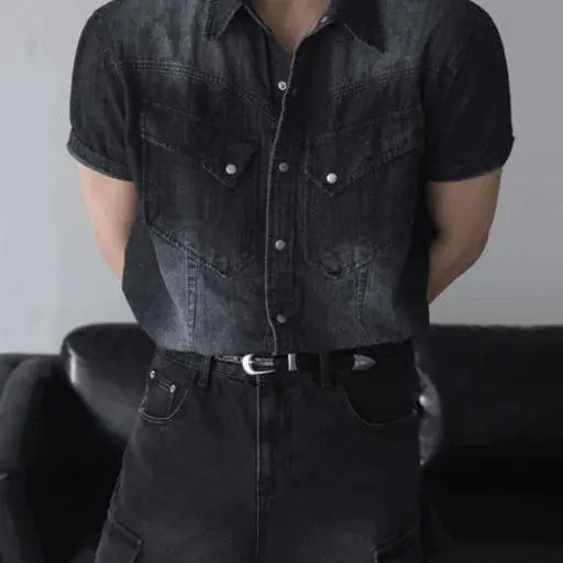 쿨에버 머슬핏 웨스턴 데님 반팔 셔츠(3color)