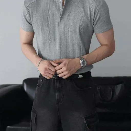 [주문폭주]남자 머슬핏 헨리넥 골지 스판 반팔 니트(3color)