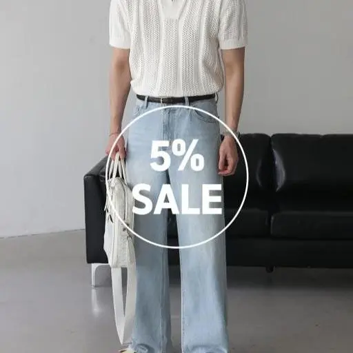 크로쉐 오픈카라 반팔 니트+아이스 라이트 데님 팬츠 코디