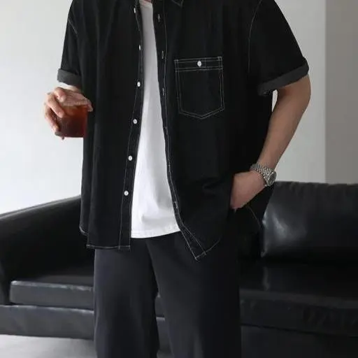 생지 데님 스티치 오버핏 반팔 셔츠(2color)