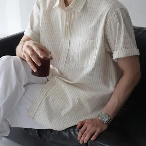 리조트 스트라이프 오버핏 워싱 반팔 셔츠(3color)