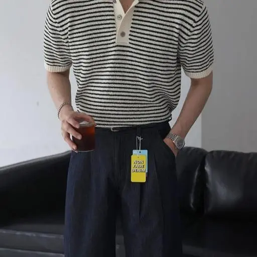 쿨링 부클 스트라이프 카라 반팔 니트(6color)