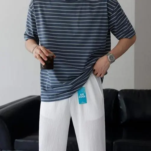 남여공용 스트라이프 오버핏 멀티 단가라 반팔 티셔츠(5color)