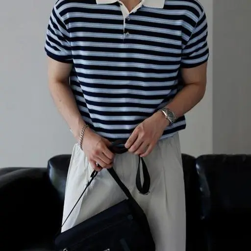 프렌치 스트라이프 배색 카라 세미 머슬핏 반팔 니트(3color)