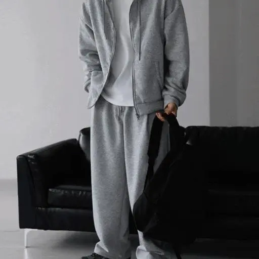 SET 남여공용 기모 스웻 쭈리 오버핏 후드 와이드 롱 스웨트 트레이닝 셋업 세트(1color)