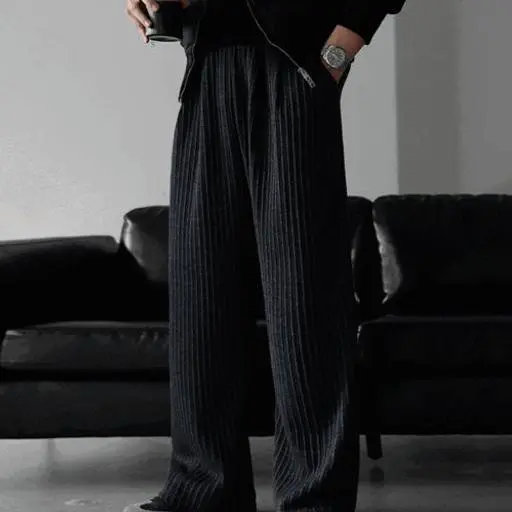 핀 스트라이프 니트 밴딩 와이드 팬츠(2color)