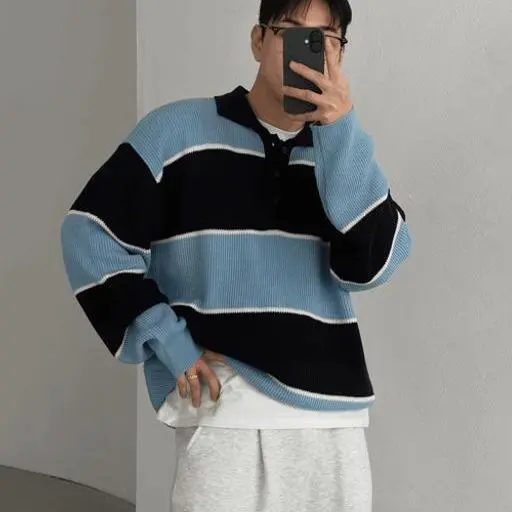 럭비 멀티 단가라 오버핏 카라 니트(4color)