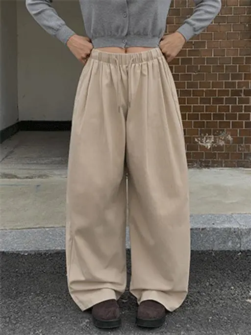 [오늘출발] 커브드 밴딩 포켓 와이드 코튼 팬츠 (면바지,와이드팬츠,베이지팬츠,밴딩팬츠,벌룬팬츠,벌룬와이드,코튼와이드,핀턱와이드,출근룩)