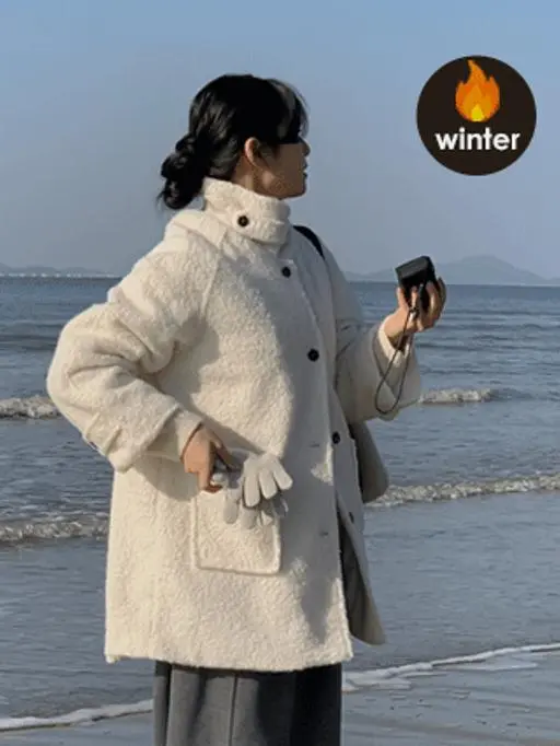 [오늘출발][누빔안감🔥하이넥부클코트] 뽀글이 하이넥 하프코트 (겨울아우터,하프코트,뽀글이,누빔안감,부클코트,겨울코트,오버핏코트,연말룩,한파룩)