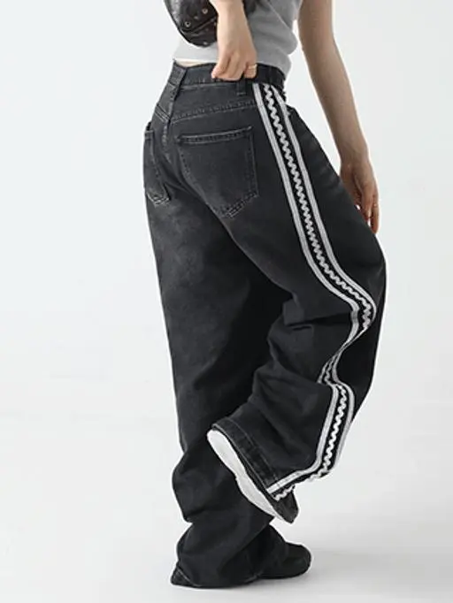 [오늘출발][와이드&조거/투웨이데님] 스트링 와이드 칠리배색 데님팬츠 (허리조절,4계절,와이드청바지,조거청바지,조거데님,흑청데님,와이드데님,와이드팬츠)