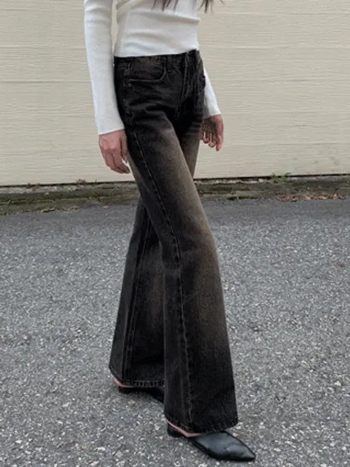 [오늘출발] 와이드 부츠컷 데님 팬츠 (청바지,로우라이즈,블랙데님,부츠컷데님,데님팬츠,흑청,워싱데님,와이드부츠컷,출근룩,사계절,봄바지)