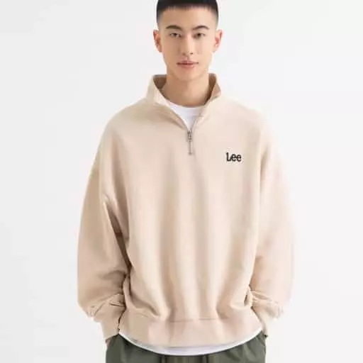 스탠드 카라 하프 집업 베이지