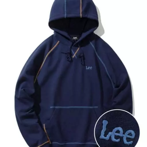 배색 탑스티치 후디 네이비