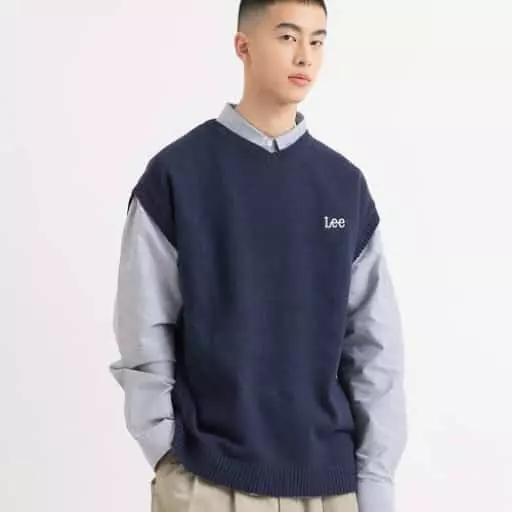 트위치로고 오버핏 브이넥 베스트 네이비