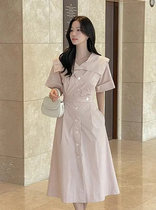 바스락 와이드 카라 스판 A라인 원피스