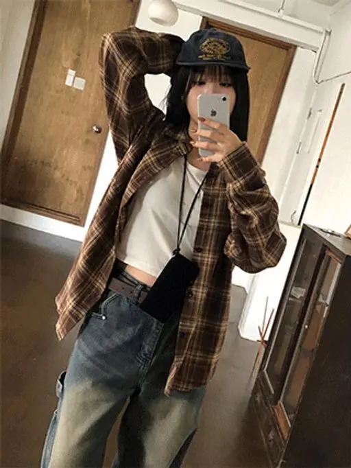 [오늘출발][가을신상🤎오버핏체크셔츠] 모던 체크 오버핏셔츠 (체크남방,셔츠남방,가을셔츠,긴팔셔츠,루즈핏셔츠,레이어드,브라운,간절기,출근룩)