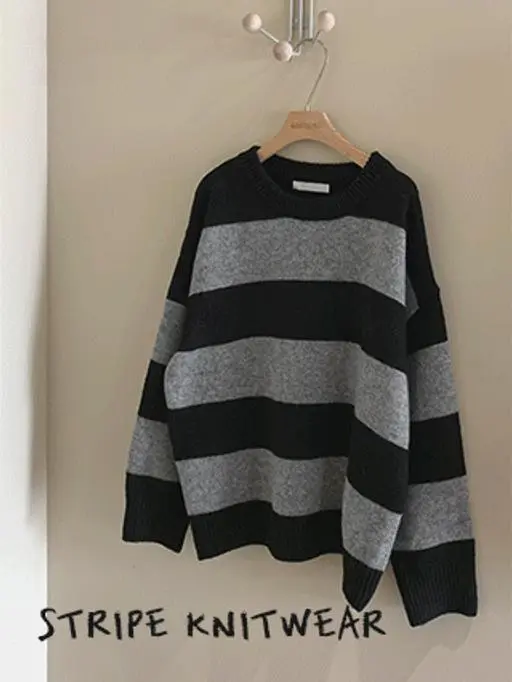 [오늘출발][겨울니트🔥스트라이프니트] 모던 단가라 라운드니트 (오버핏니트,루즈핏니트,라운드넥니트,단가라니트,스웨터,겨울이너니트,레이어드)