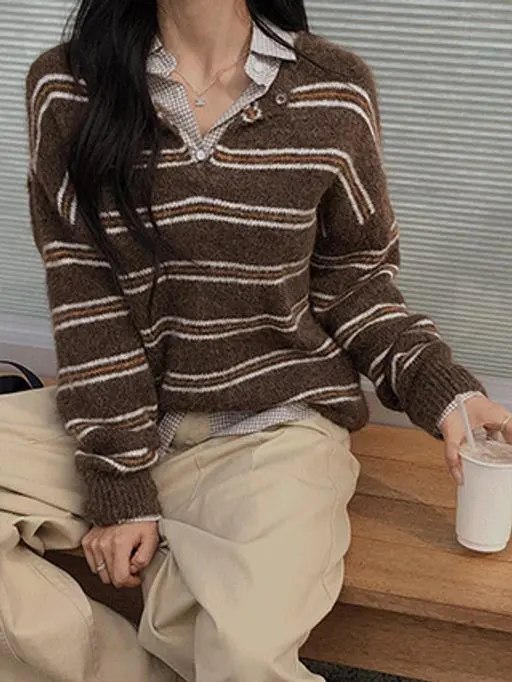 [오늘출발][울니트🔥스트라이프니트] 포근무드 버튼니트 (겨울니트,카라니트,긴팔니트,단가라니트,페이크버튼,헤어리니트,브라운니트,오버핏니트,스웨터,데일리룩)