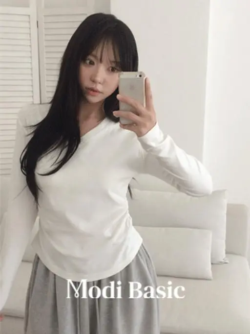 [오늘출발][허리잘록👌브이넥긴팔] 허리셔링 브이넥 슬림티 (모디베이직,v넥티셔츠,긴팔티셔츠,코튼티셔츠,스판티,기본티,이너티,레이어드,사계절,데일리)